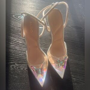 ALDO Women's Chrysalis Lucite Rhinestone Butterfly Ankle-Wrap Stiletto Heel sz 7